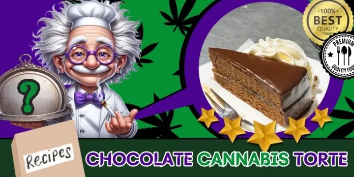 The featured image of the Chocolate Cannabis Torte Recipe with The Weed Prof's mascot presenting the baked THC-infused dessert.