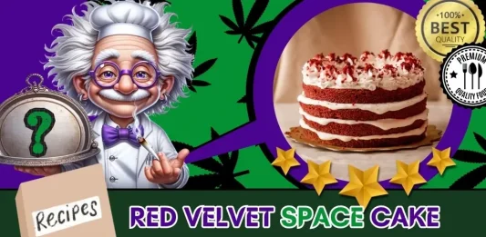 red-velvet-space-cake-recipe-featured-image-OPTIMIZED The featured image of the Red Velvet Space Cake Recipe with The Weed Prof's mascot presenting his cannabis-infused dessert creation.
