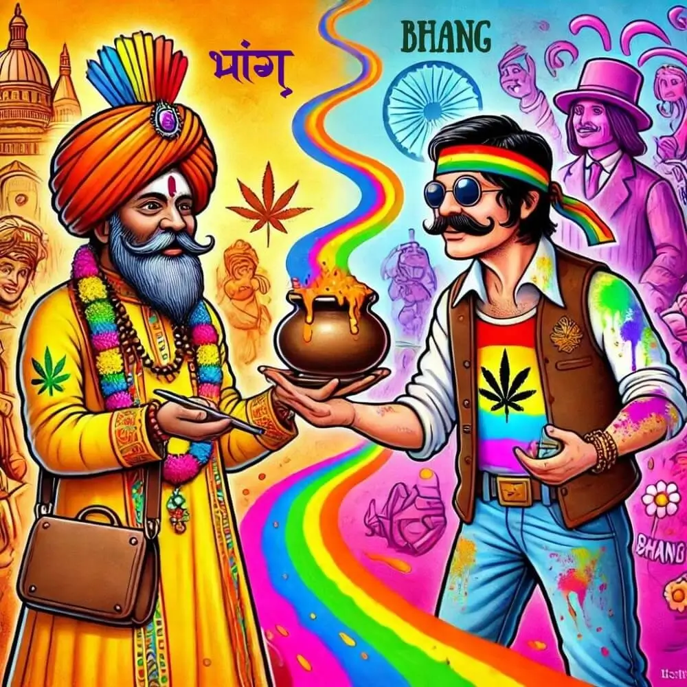 A swami holding freshly made bhang from an ancient cannabutter recipe passes the drink to a hippie from the 1960s representing the story of THC-infused cooking throughout history.