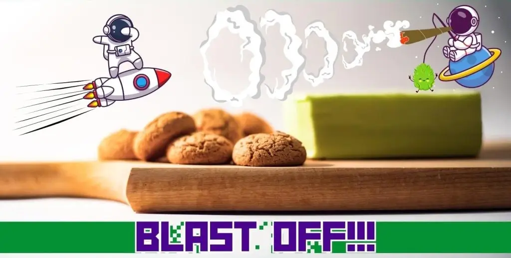 Freshly made cannabutter and space cookies served on a wooden board with two astronatus above enjoying space-faring shenanigans.