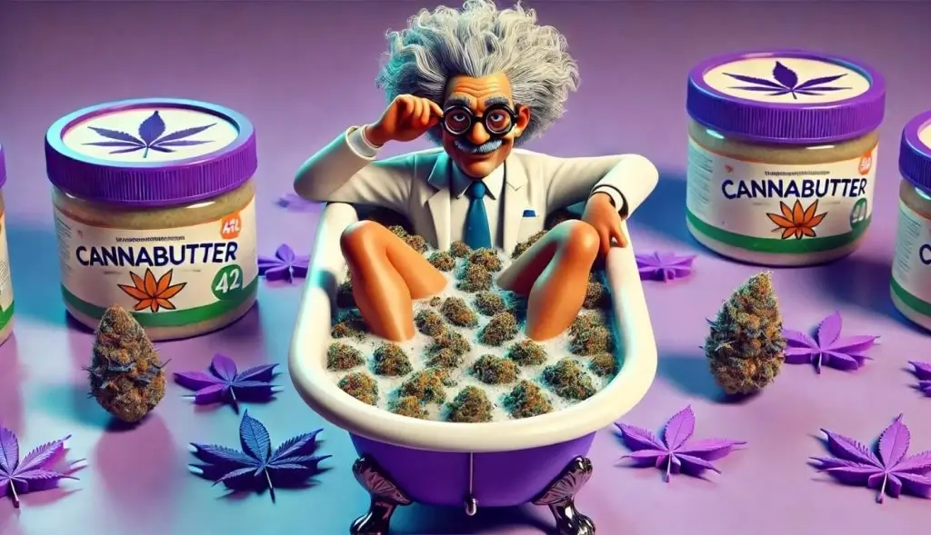 The Weed Prof's mascot sitting in a bathtub filled with freshly made weed butter with a cheeky grin on his face after following the best cannabutter recipe on the site.