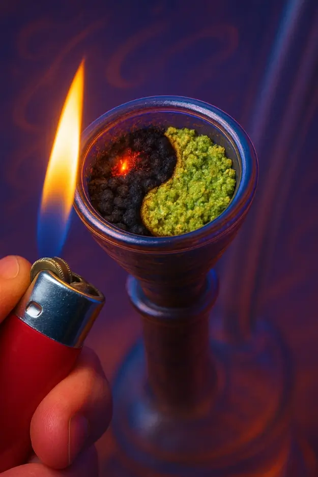 A packed bong bowl being cornered—i.e., lit from the side—leaving a yin-yang symbol in the half-smoked weed.