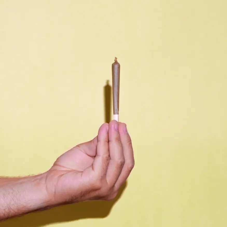An unlit joint held vertical by a hand and being presented, gifting the roller's rights away in the ultimate expression of weed etiquette.