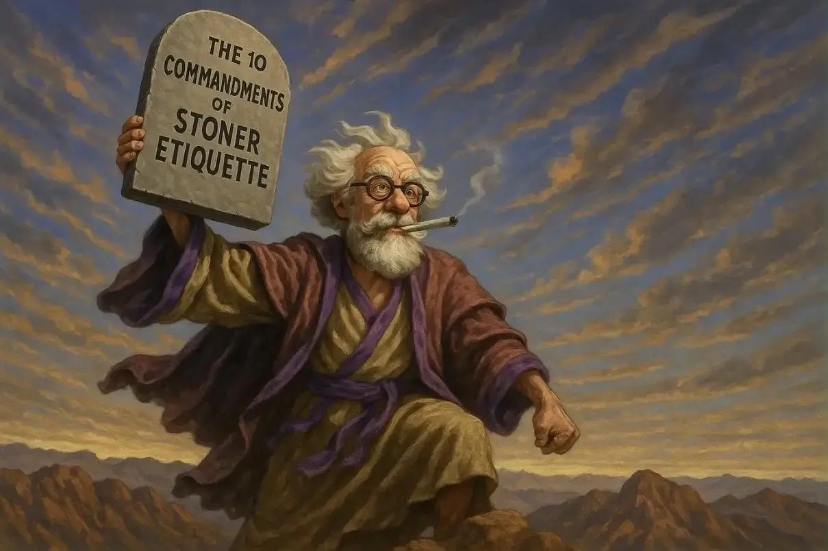 The Weed Prof's mascot dressed as Moses and standing on Mount Sinai, holding a tablet that reads "The 10 Commandments of Stoner Etiquette".