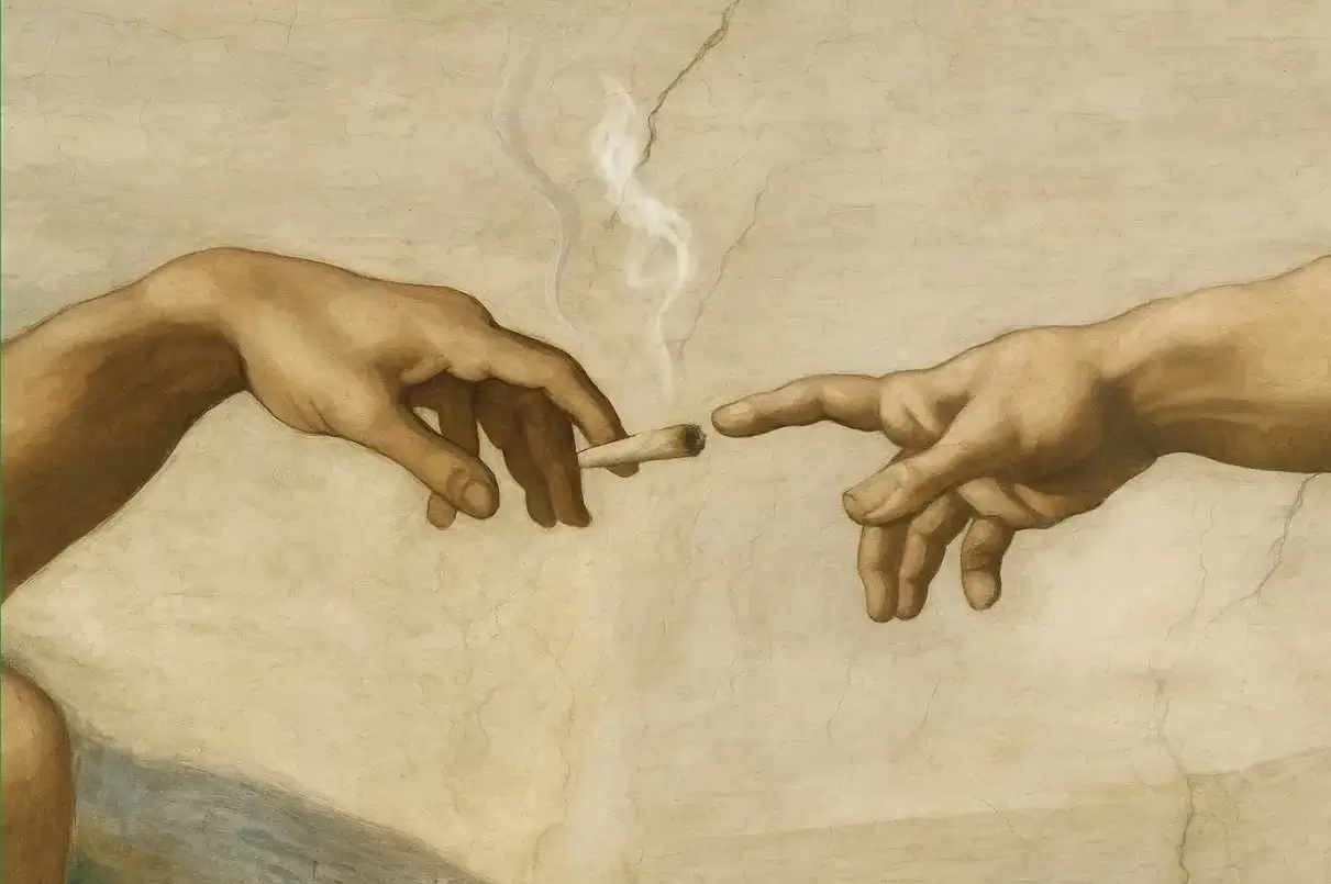 A parody image of Michelangelo's famous Sistine Chapel painting with Adam passing a joint to God between their outstretched hands.