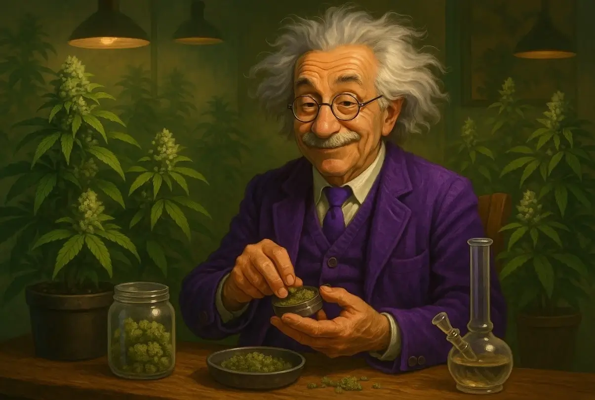 The Weed Prof's mascot using his best weed grinder to prep a sesh in his cannabis-filled smoking room after a long day of science.
