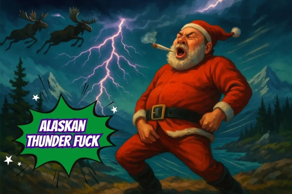 Santa Claus air-thrusting in a stormy, arctic landscape, representing one of the most offensive weed strain names: Alaskan Thunder Fuck.