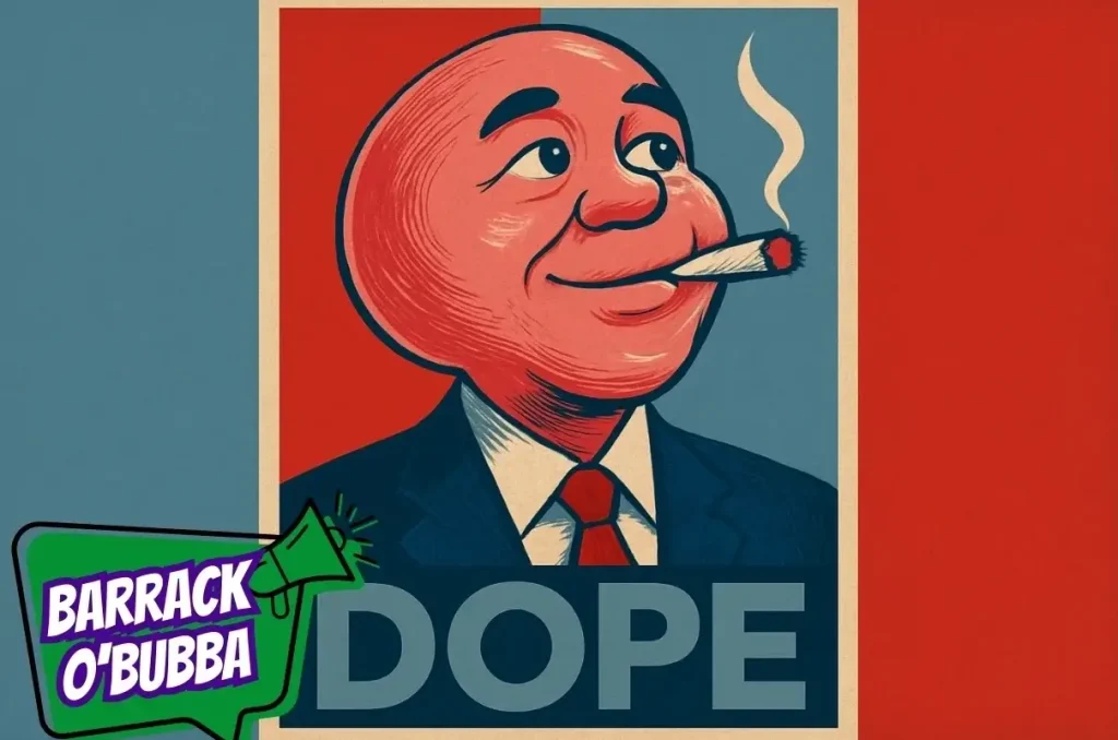 A bubble-gum man in a suit mimics the famous "Hope" political posters with the word "Dope", serving as a parody for one of the funniest weed strain names 'Barrack 'O'Bubba'.