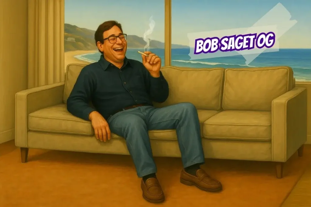 A man with 80s and 90s sitcom dad energy sitting on a couch and smoking a joint while laughing in reference to the cannabis strain name: Bob Saget OG.
