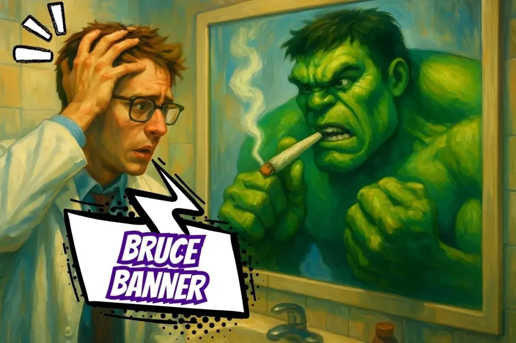 A mild-mannered scientist rubs his head in front of a mirror while his ferocious green alter-ego in the reflection smokes a joint, capturing the popular and funny weed strain 'Bruce Banner'.