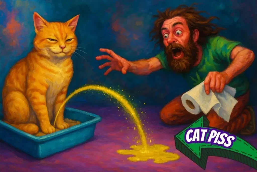 A cat sits in their litterbox and pees outside of it while a man lunges forward in horror with paper towels as a representation of the outrageous weed strain name 'Cat Piss'.