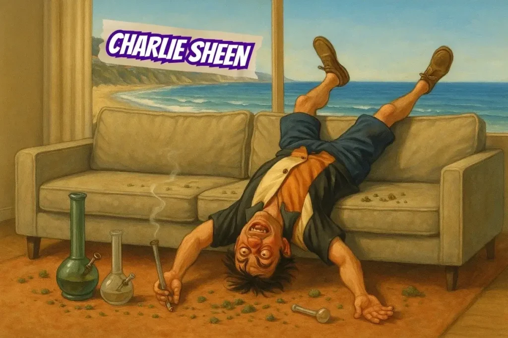 A man with middle-aged Malibu womanizer-meets-tweaker energy sitting upside down on a couch and surrounded by smoking paraphernalia, capturing the insanity of the weed strain name 'Charlie Sheen'.