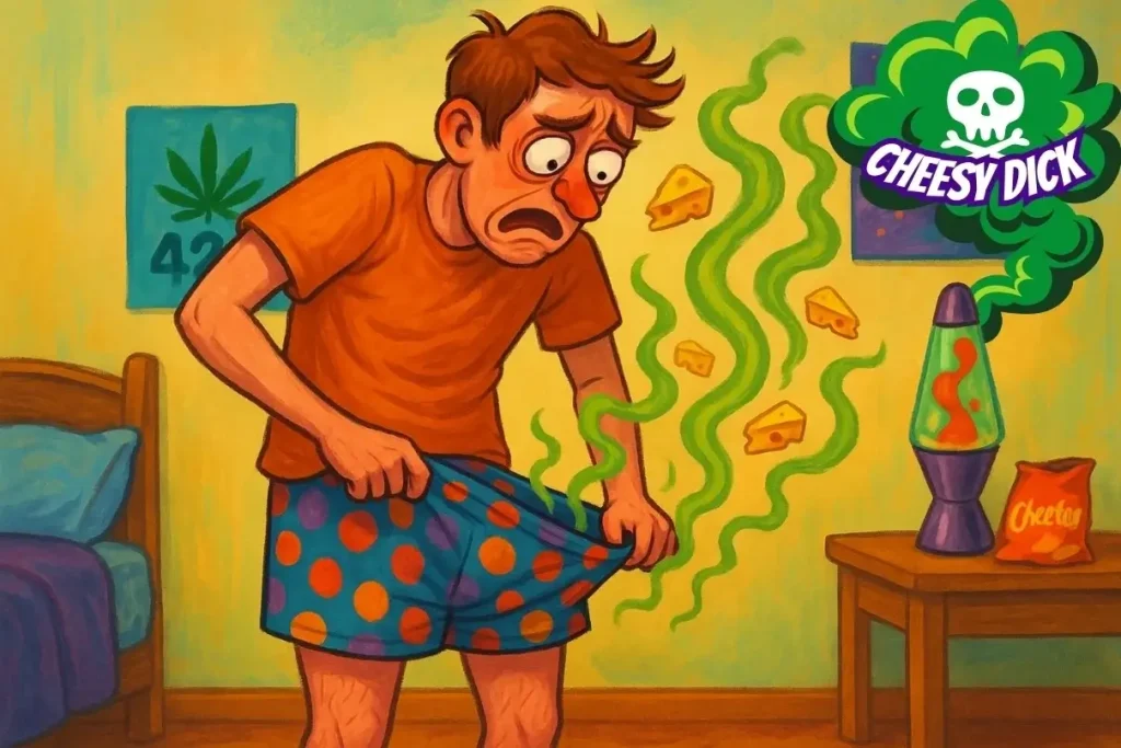 A man pulls back the waistband of his underwear and looks down in horror as cheese and stink lines waft out from his groin area, illustrating one of the stranger names for weed: the Cheesy Dick strain.