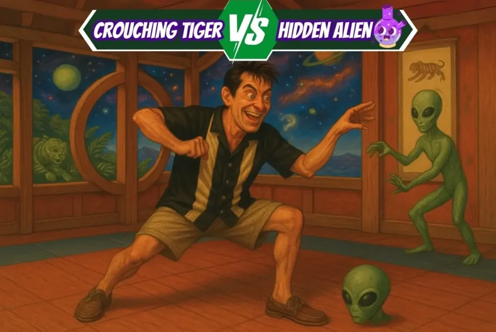 A very Charlie Sheen-esque man standing in a martial arts stance in an intergalactic dojo with an alien as a sparring partner, embodying the weirdest strain name for weed: Crouching Tiger Hidden Alien.