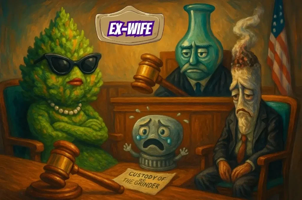 An anthromoporhic female marijuana bushel and male half-smoked joint in court for "Custody of the Grinder" proceedings, referencing the name of a famous funny strain called 'Ex-Wife'.
