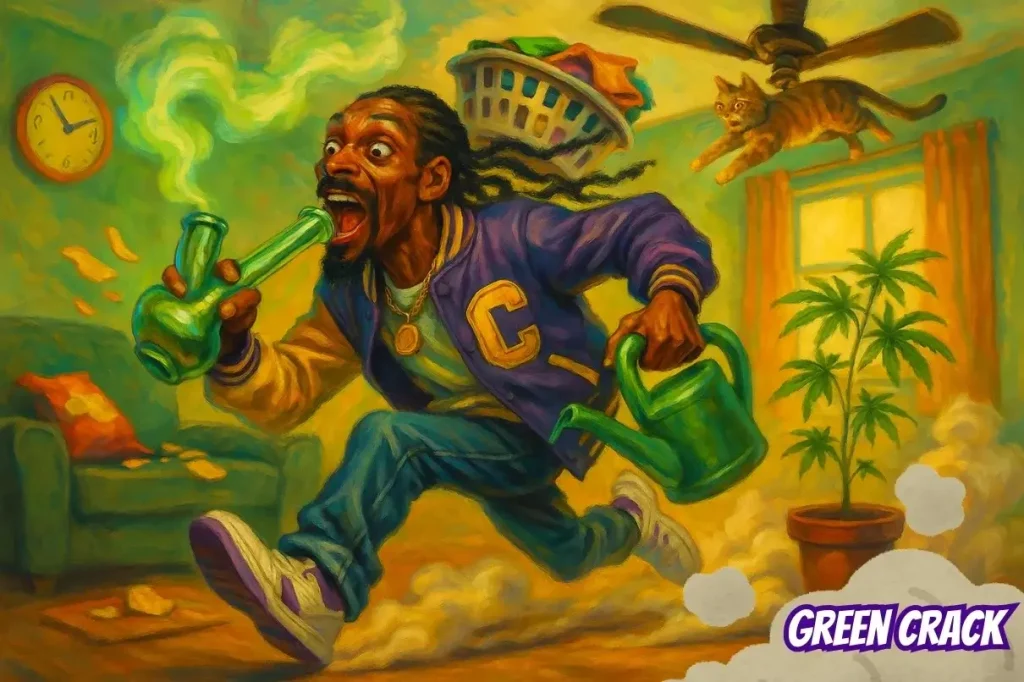 A man who looks like a West Coast hip-hop artist manically smoking from a bong while frantically doing multiple household chores, demonstrating the vibe of a famously dank weed named 'Green Crack'.