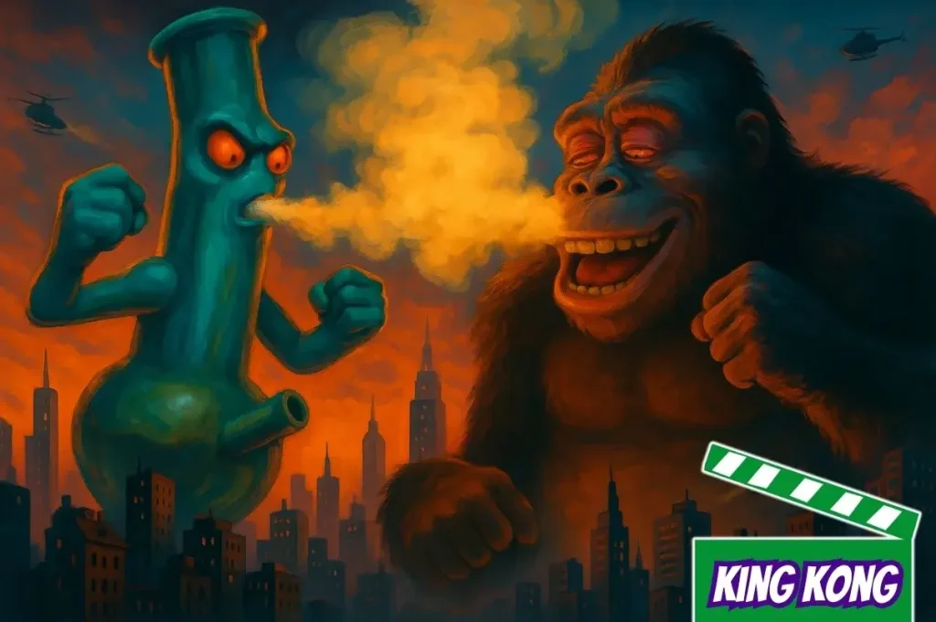 An enormous gorilla fights an anthromoporphic kaiju bong, towering above an urban landscape and demonsrating the funny strain name for the bud called 'King Kong'.