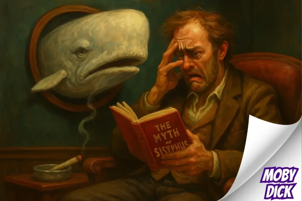 Captain Ahab sits in his smoking chair reading Camus's 'The Myth of Sisyphus' with the white whale's head mounted on the wall behind him, referencing the Moby Dick strain of marijuana.