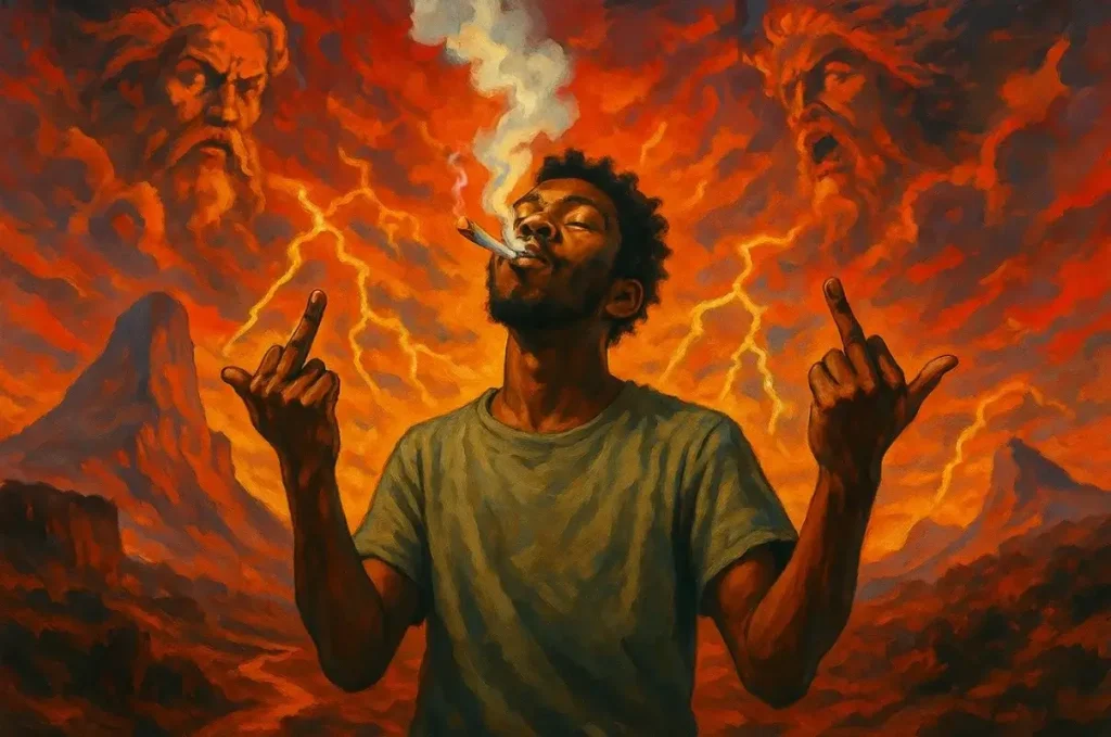 A young male stoner in a mythic mountainous landscape smokes a joint while flipping off the Gods in the sky with irreverent defiance.