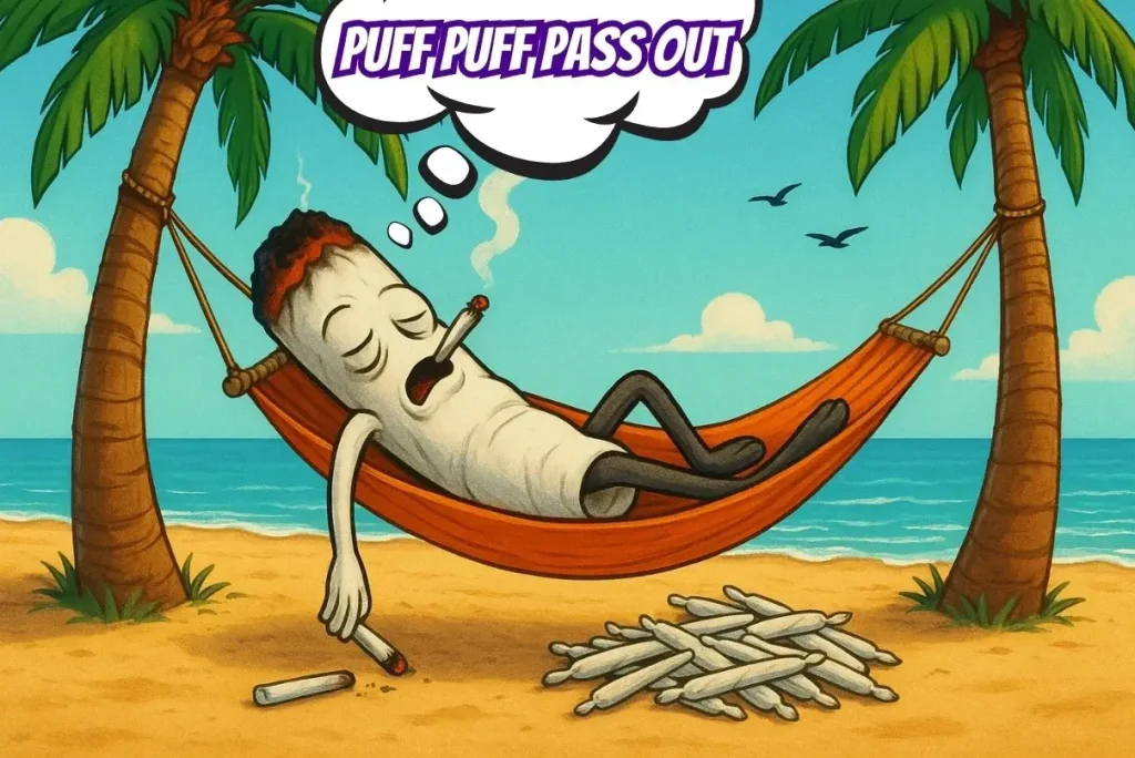 An anthromoporhic joint smoking more joints while greening out in a hammock by the beach, capturing the funny weed name for the Puff Puff Pass Out strain.