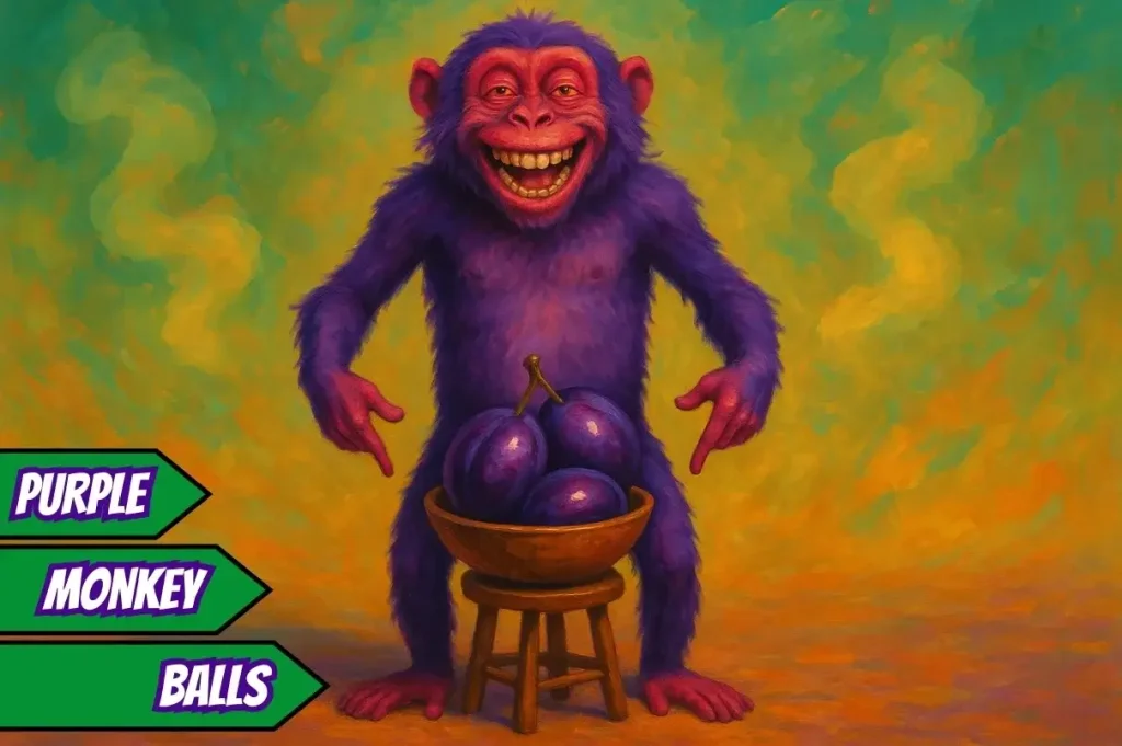 A purple monkey with a debauched expression on its face, pointing to a bowl of plums covering its crotch area, illustrating the famous funny strain name for Purple Monkey Balls weed.