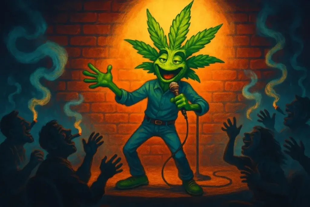 A cannabis plant with humanized features, acting as a classic 1990s comedian and giving an observational stand-up routine on the funniest names for weed strains.