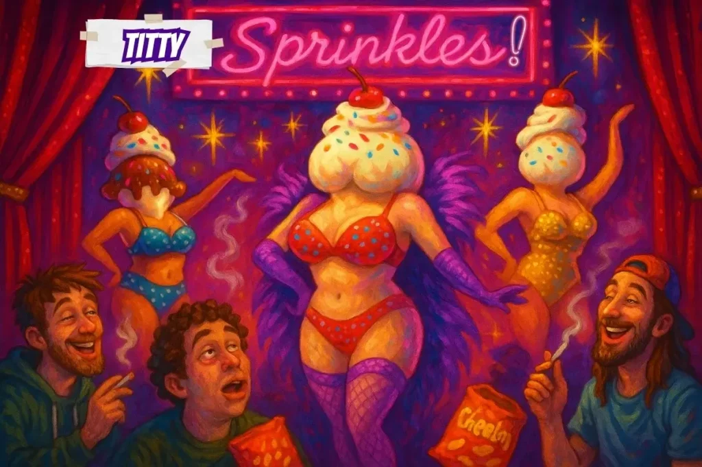 Several Vegas show girls with sundaes for heads dance suggestively on-stage in front of an audience of stoners, representing the inappropriate strain name for the weed 'Titty Sprinkles'.