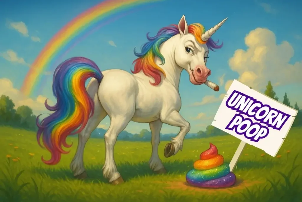 A unicorn smoking a joint with a cheeky expression beside a glittery rainbow turd, representing the silly name for the Unicorn Poop weed strain.
