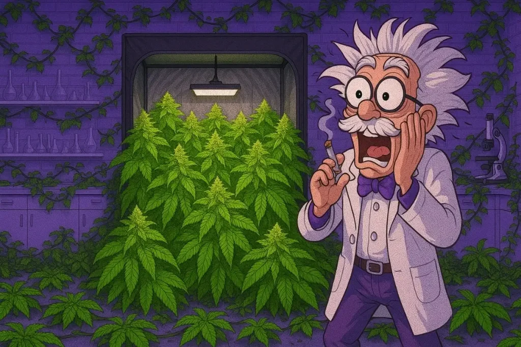 The Weed Prof mascot checking in on his grow lab's high-quality weed tent, shocked to find it bursting and overflowing with cannabis.