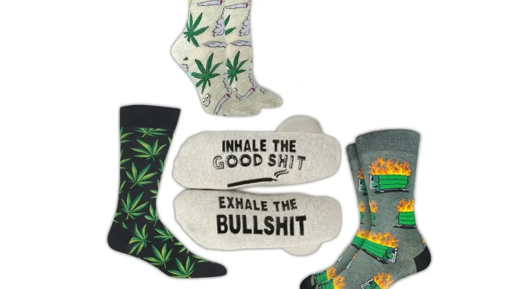 Various product images of different cannabis-themed socks, highlighting the joy of getting stoners fun, fluffy gifts.