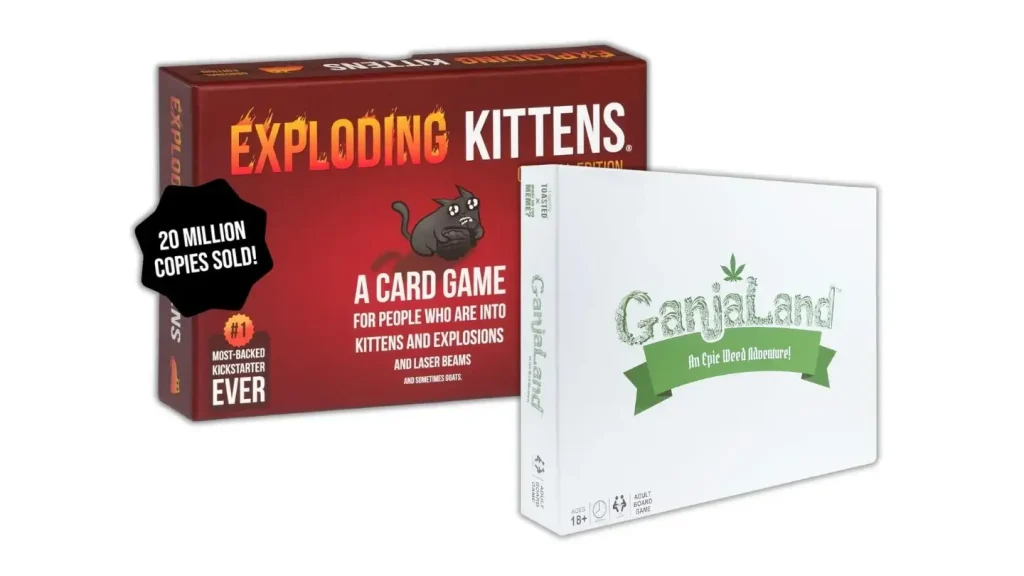 Product images of the popular board games Exploding Kittens and Ganja Land and one of the best gift ideas for social stoners.