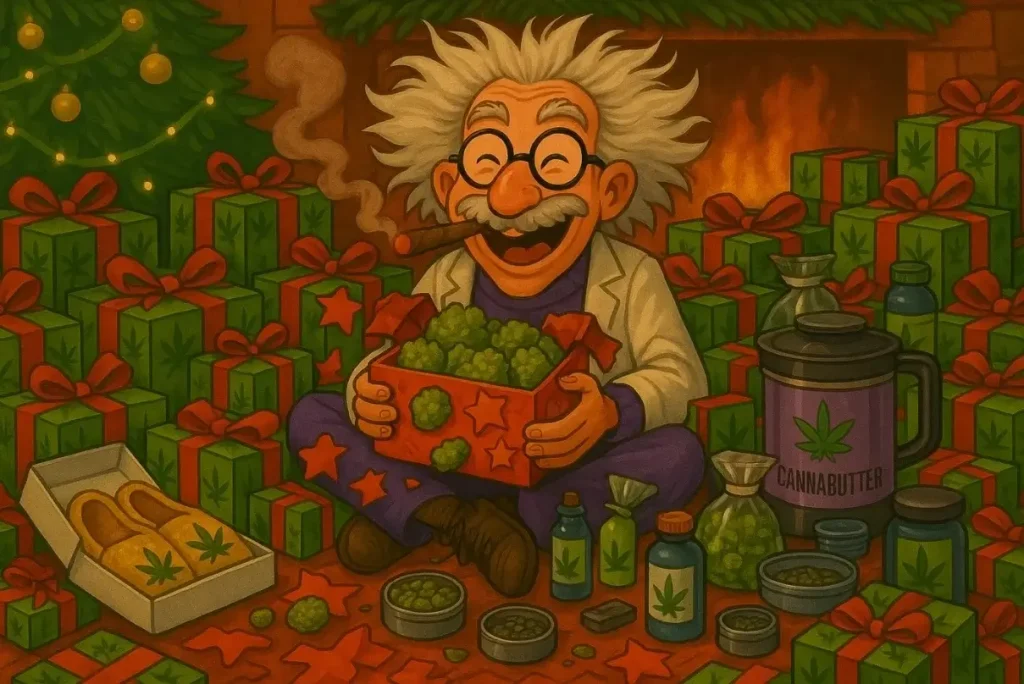 The Weed Prof mascot is gleeful on Christmas morning, surrounded by a slew of the best gifts for stoners, including bud, a cannabuter machine, and dope slippers.