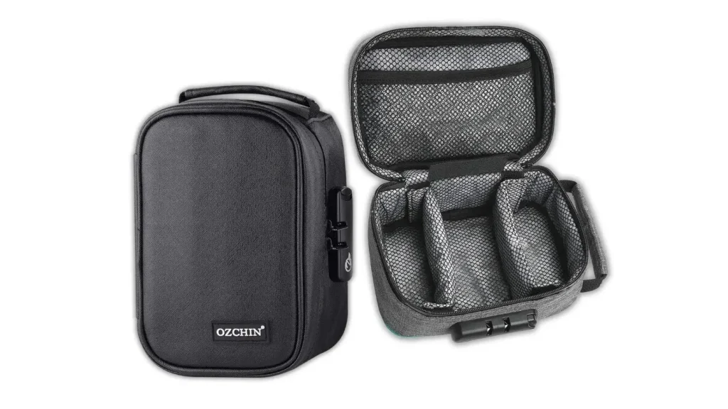 A product image of the interior and exterior of the OZCHIN Odorproof Organizer Case, a great gift to buy a stoner friend who always comes to sesh at yours.