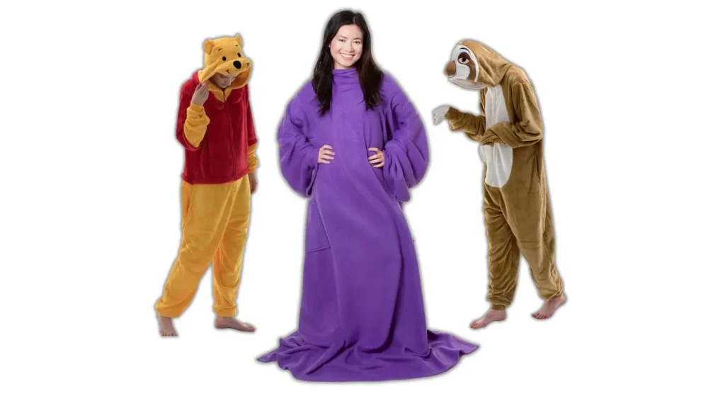 Product images of differet styles of onesie and Snuggie Wearable Blanket — great stoner gifts for him or her.