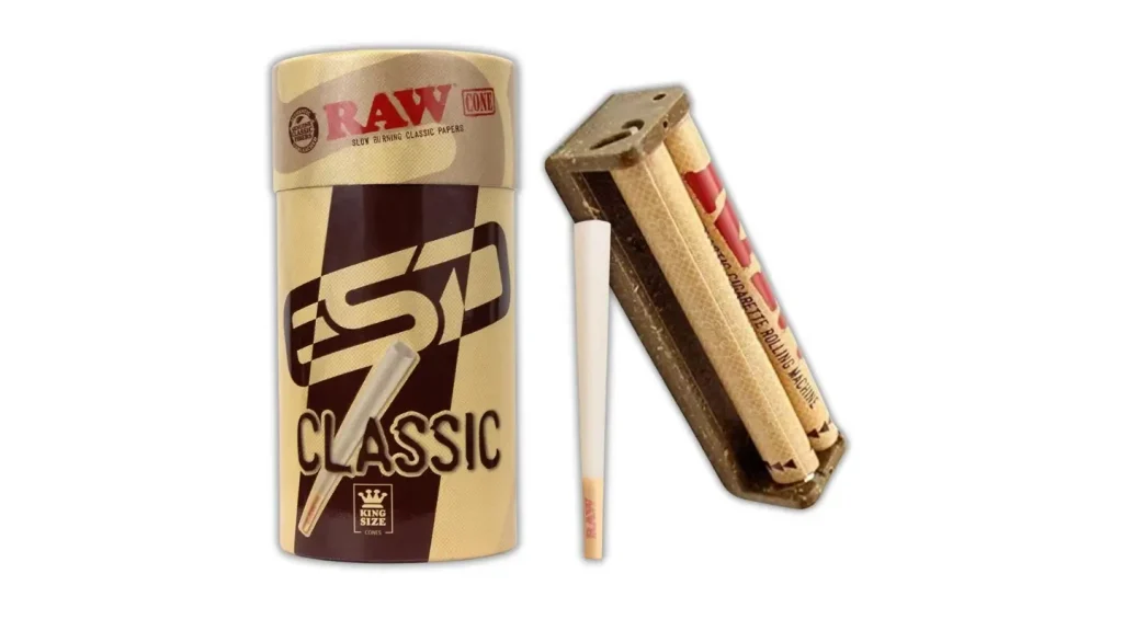 A product image of Raw Pre-Rolled Cones and a Rolling Machine — great gifts to get for stoners who can't roll.