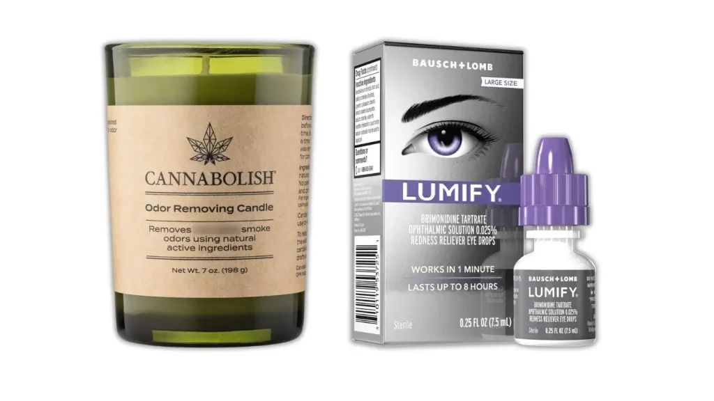 Product images of a Cannabolish Odor-Removing Candle and bottle of Lumify Eye Drops