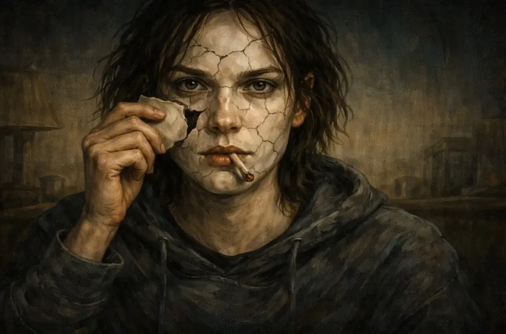 A functioning weed-smoker with a cracked, porcelain face puts a piece back while staring forward with resolve.