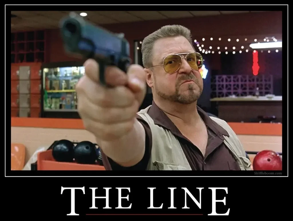 A meme from The Big Lebowski with Donny wielding a gun while declaring someone over the line, similar to the absurdity of moralizing stoners in a declining society.