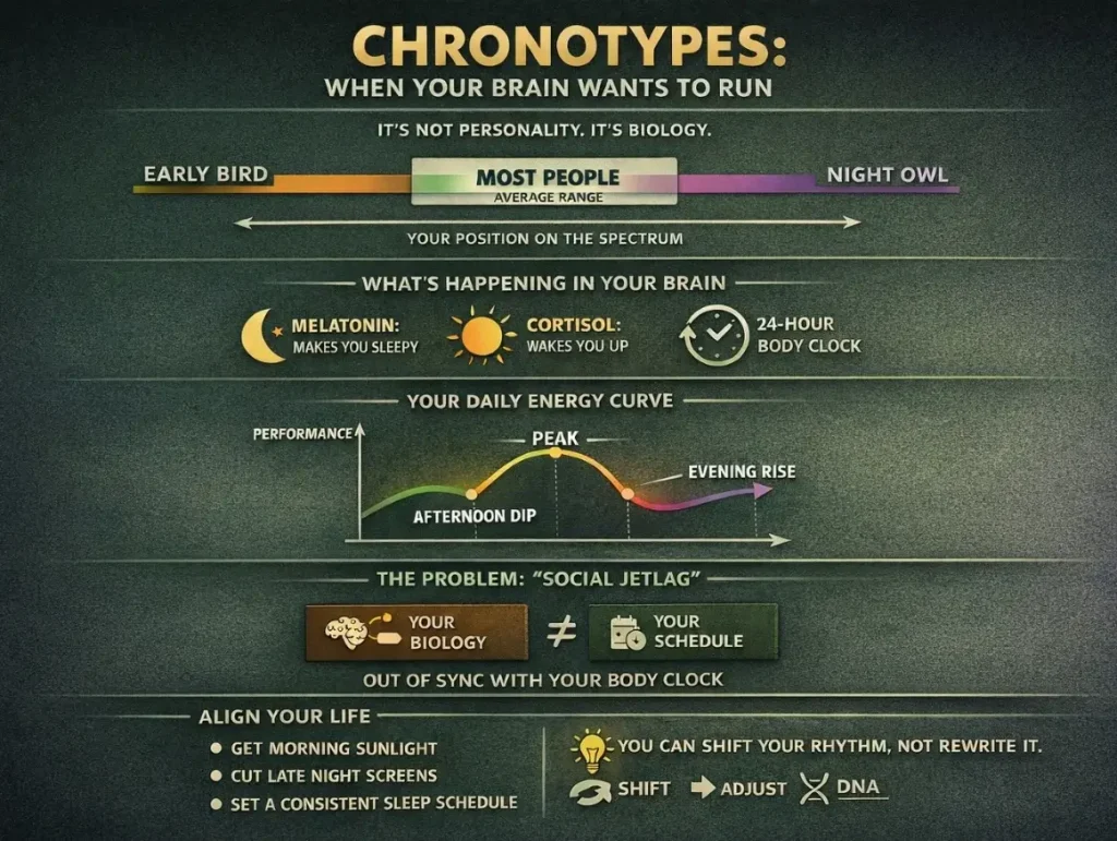 An infographic on chronotypes with information on daily energy fluctuations for different types of functioning stoners.