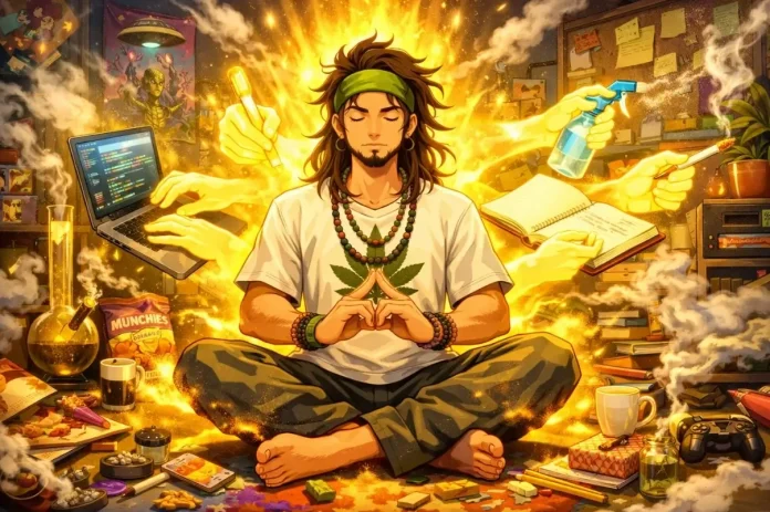 The featured image of The Weed Prof's 'How to Be a High-Functioning Stoner' article, featuring a meditating pothead cleaning his room with spectral arms.
