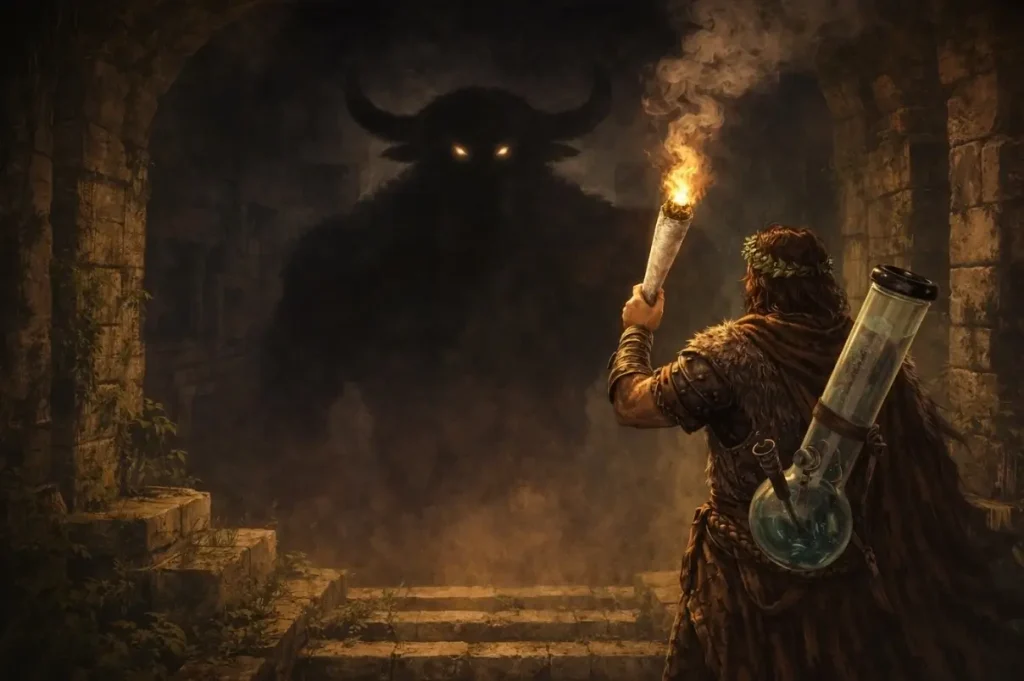 The entrance of a shadowy labyrinth guarded by a minotaur with a bong-and-joint-armed stoner warrior approaching, done in the style of old video game art.