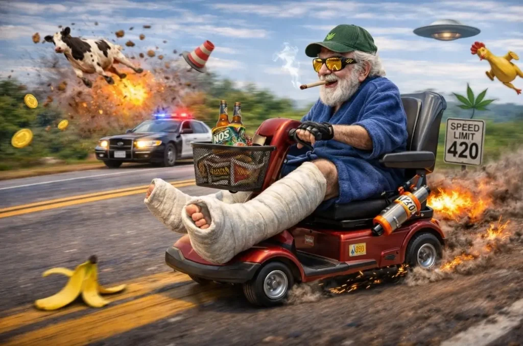 A pothead grandpa with two broken legs riding a mobility scooter at high speeds through a chaotic traffic setting filled with stoner sterotypes.