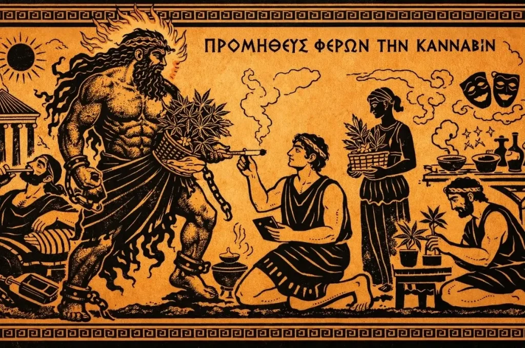 Promethus gives fire to humanity in the shape of cannabis and a joint, representing the knowledge of how to be a functional stoner.