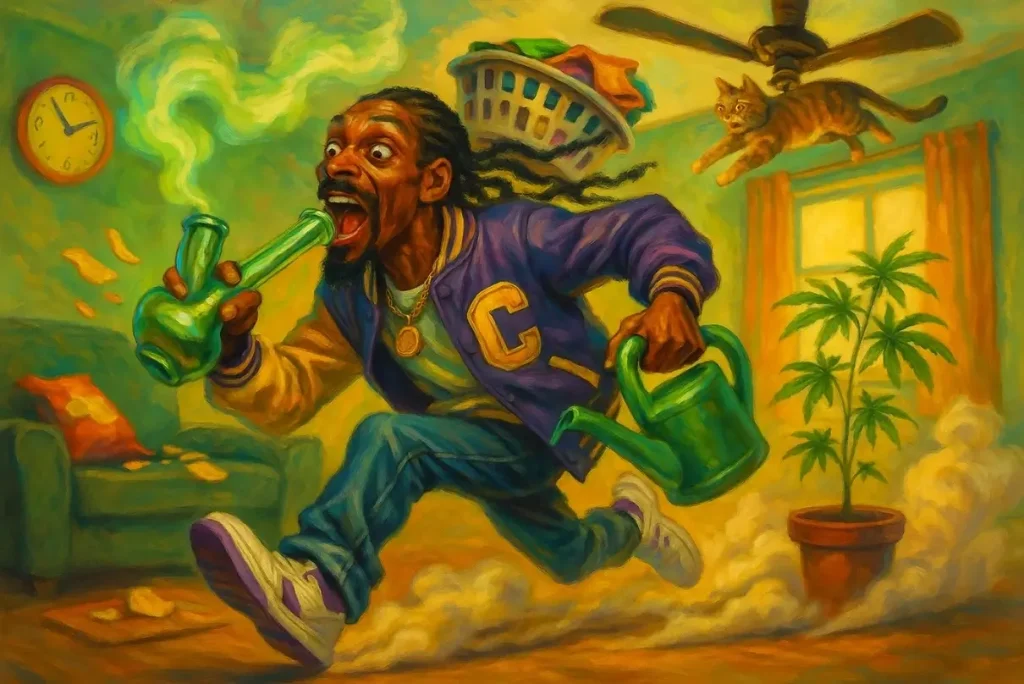 A high-functioning stoner aestheticized as a West Coast rapper frantically cleans while smoking a sativa strain from a bong.