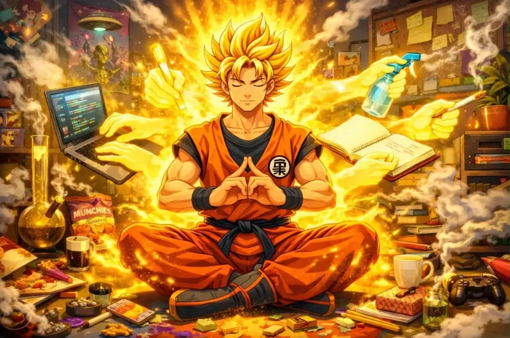A stylization of Son Goku from Dragon Ball Z as a meditating functional stoner who is smoking, doing admin, and cleaning his room with phantasmal arms