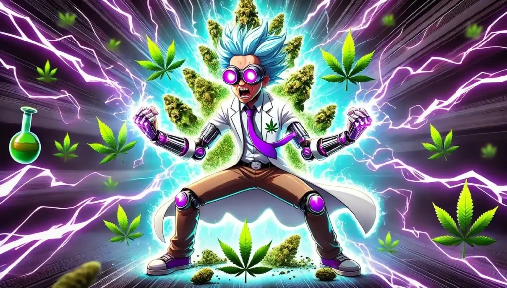 A 'weed professor' inspired by a popular cartoon super scientist strikes a Shonen-style pose and charges his cannabis powers.