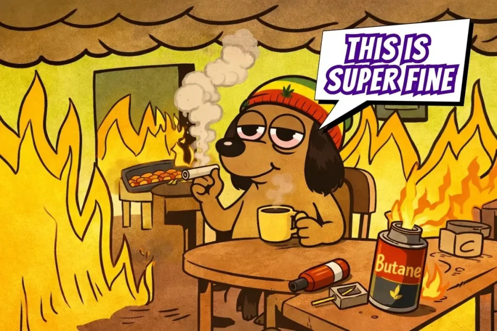 A re-imagined version of the 'This is Fine' meme, with the famous dog featured as a low-functioning stoner who set his house on fire.