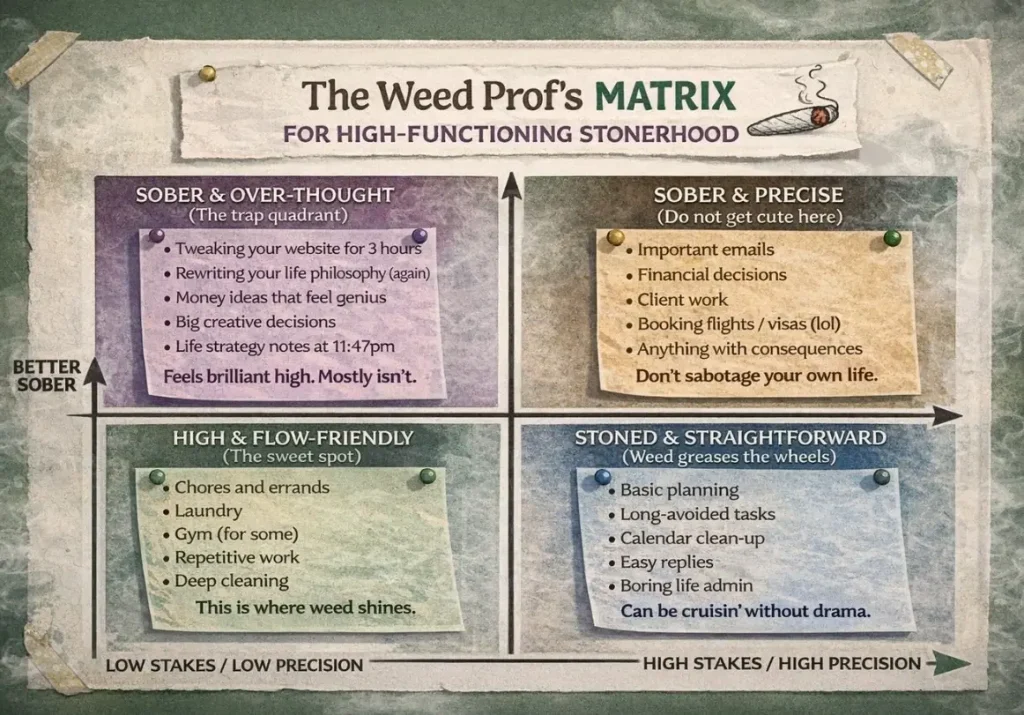 A graphic of a to-do list matrix for high-functioning stoners, demonstrating how to triage the productive things you can do when high and what is better done sober.