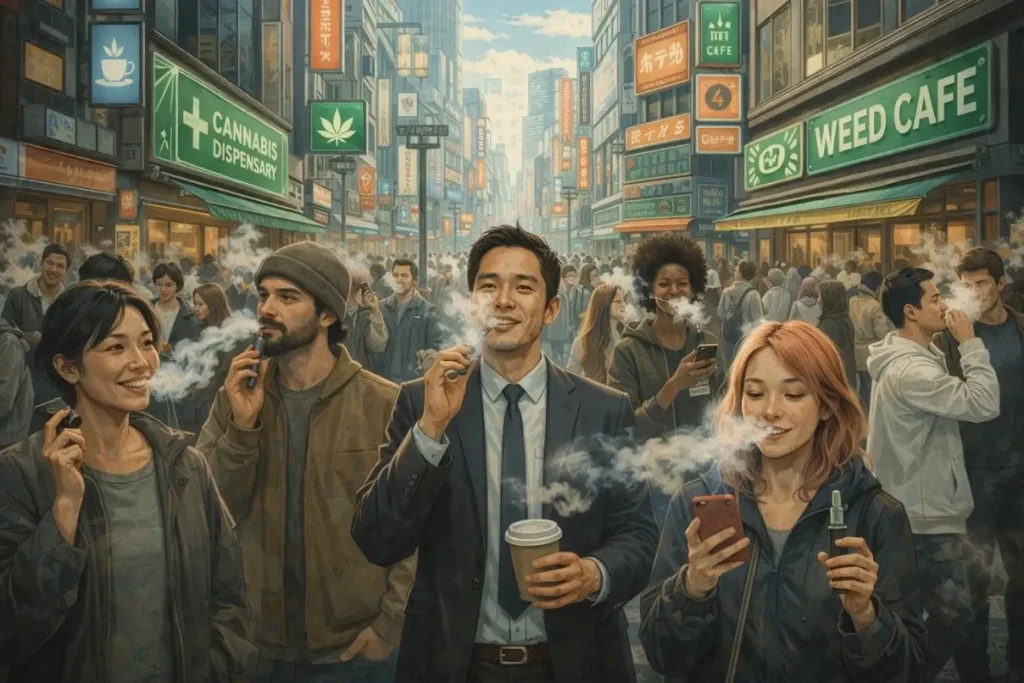 A utopian cityscape of a weed-friendly city where crowds of high-functioning stoners go about their daily while vaping and smoking.