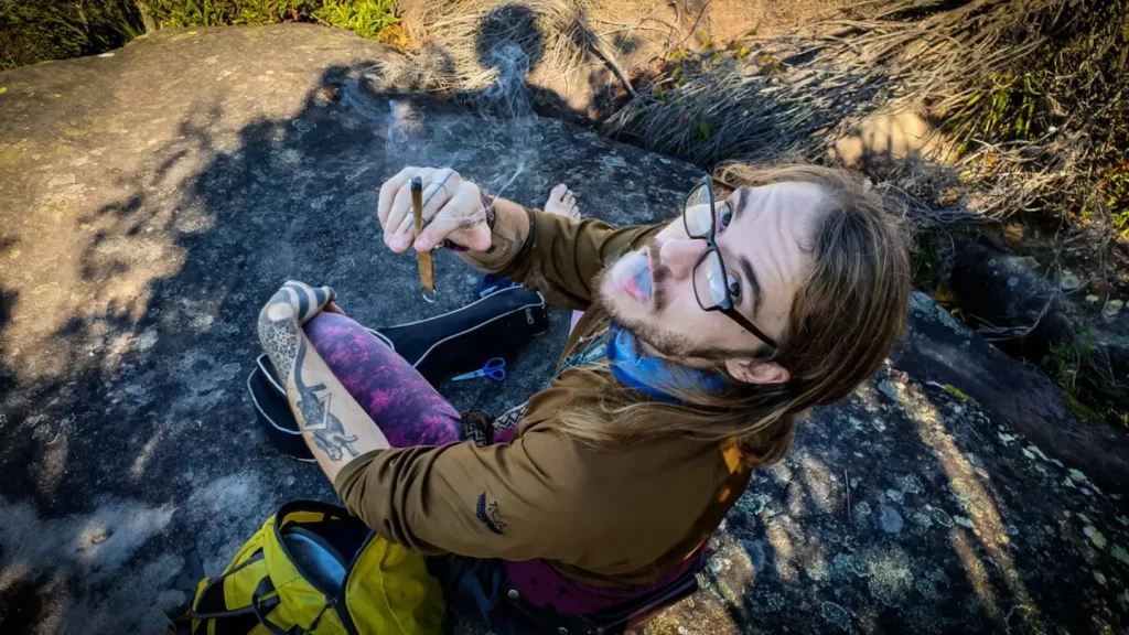 The Weed Prof owner and resident high-functioning stoner, Ziggy Samuels, smokes a celebration joint in nature after finishing a post-repatriation two-week quarantine.